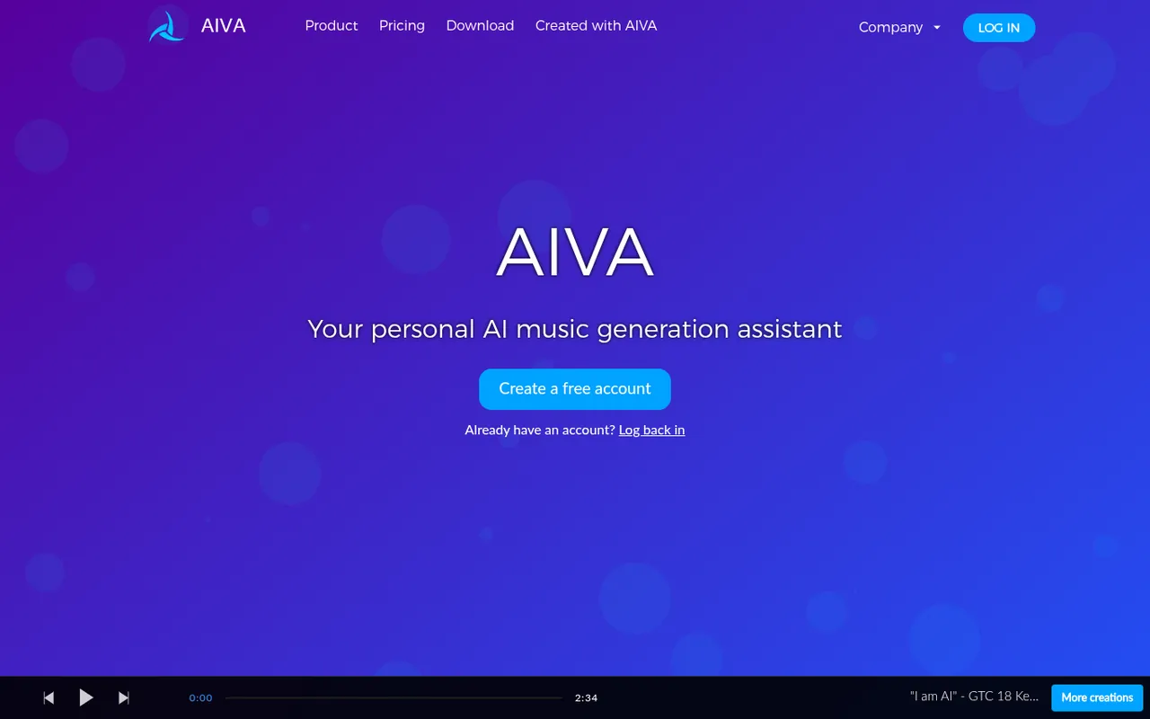 Screenshot of AIVA homepage
