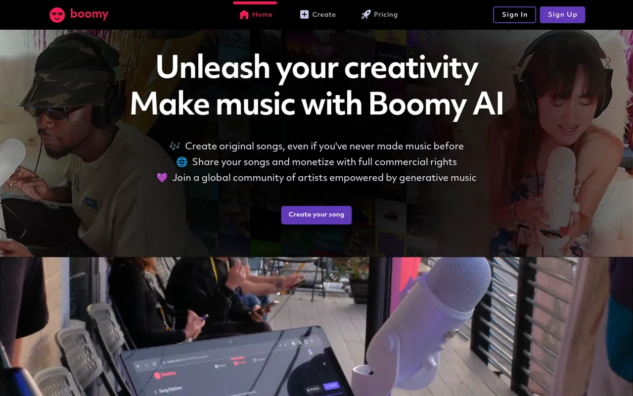 Screenshot of Boomy homepage