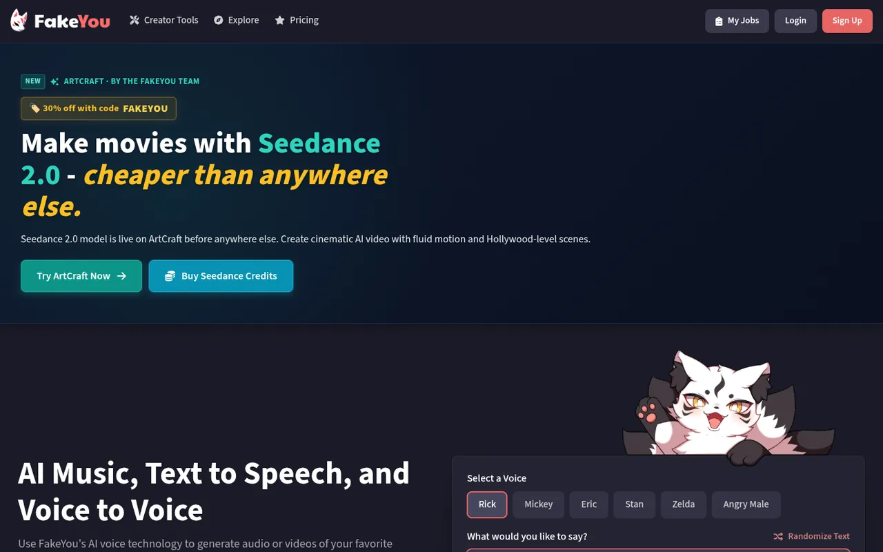 Screenshot of FakeYou homepage
