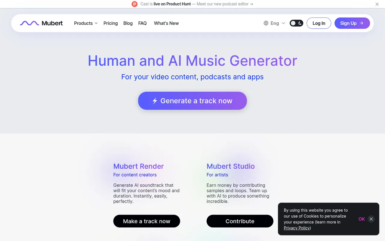 Screenshot of Mubert homepage