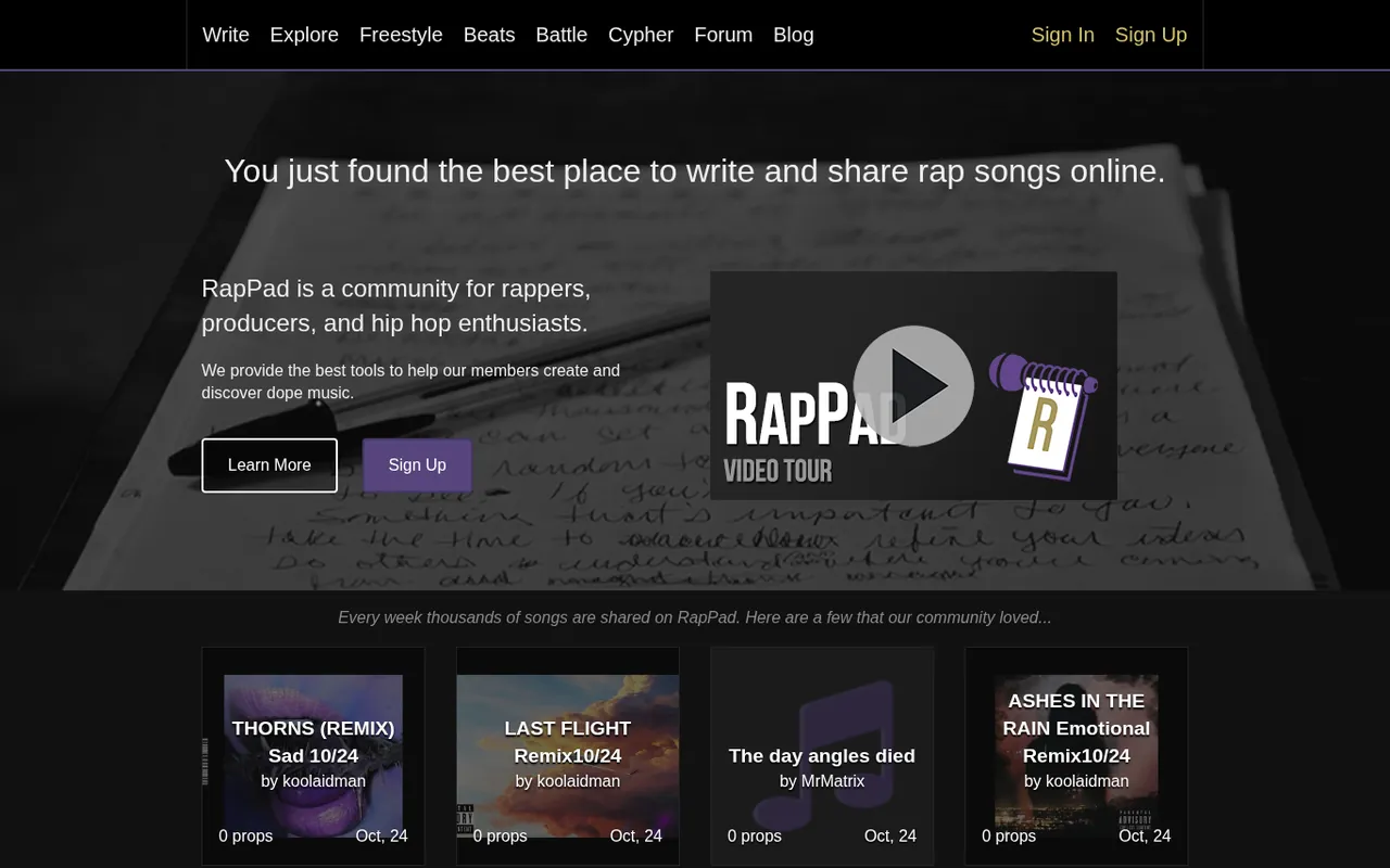 Screenshot of RapPad homepage