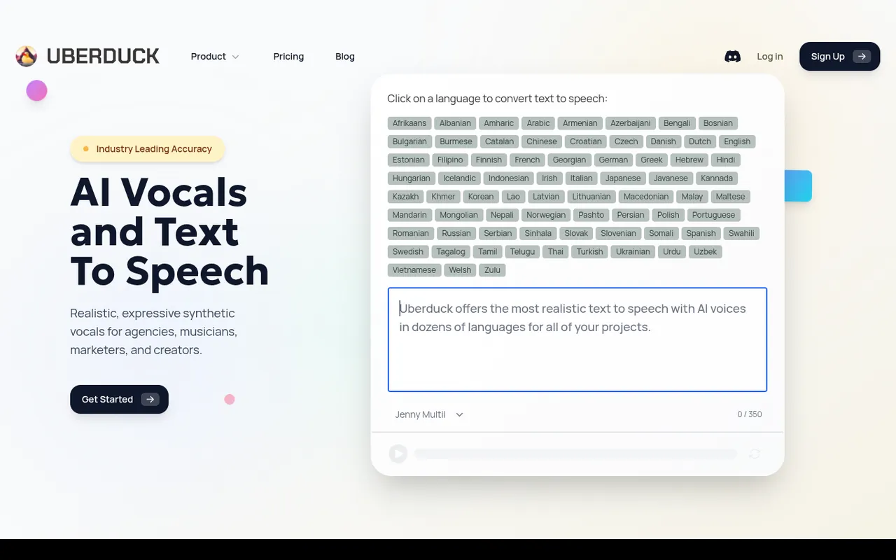 Screenshot of Uberduck homepage
